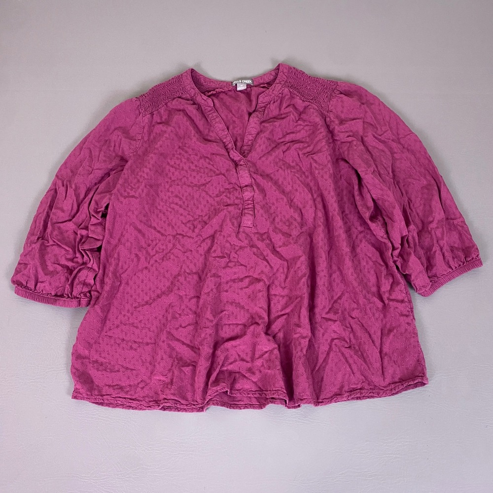 Falls Creek Blouse Women's 1X Magenta Purple Dobby Textured‎ Smocked 3/4 Sleeve